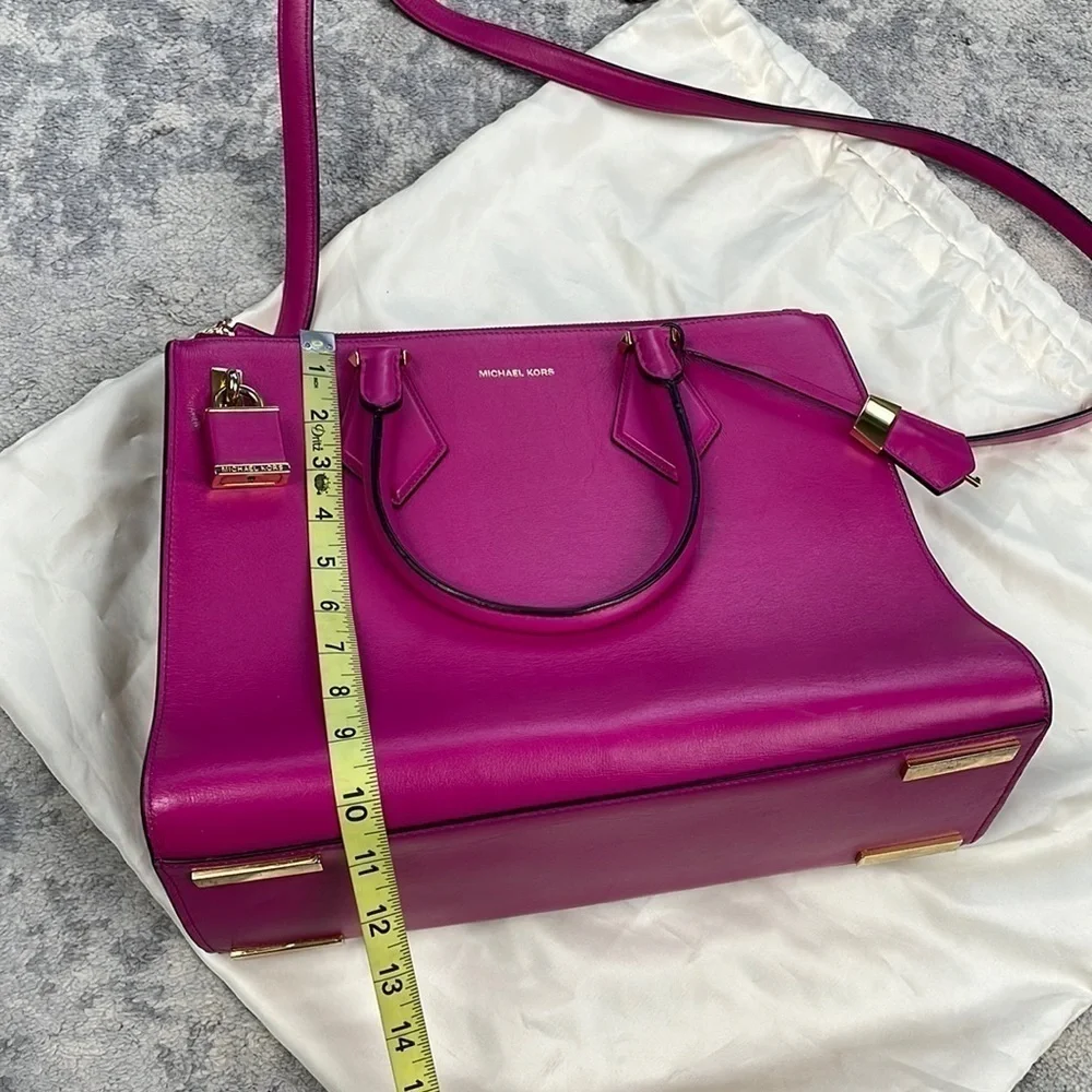 Michael Kors Collection Casey Large Leather Satchel Purse Padlock Bright Pink